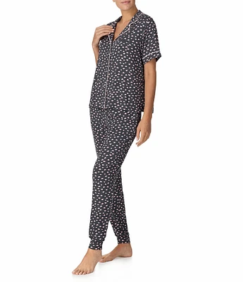 Sanctuary Heart Print Short Sleeve Notch Collar Knit Jogger Pajama Set