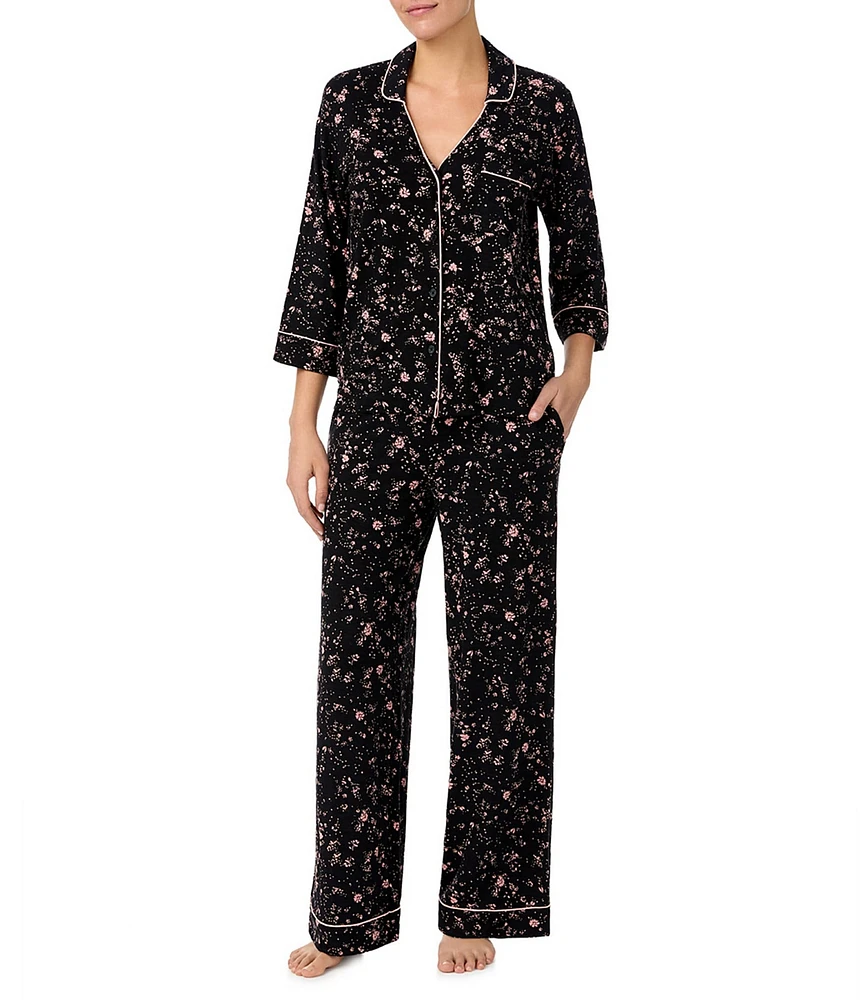 Sanctuary Knit 3/4 Sleeve Notch Collar Floral Pajama Set