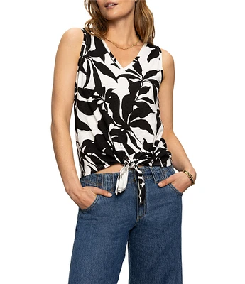 Sanctuary Knit Leaf Print V-Neck Sleeveless Tie Front Tank
