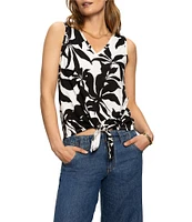 Sanctuary Knit Leaf Print V-Neck Sleeveless Tie Front Tank
