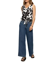 Sanctuary Knit Leaf Print V-Neck Sleeveless Tie Front Tank