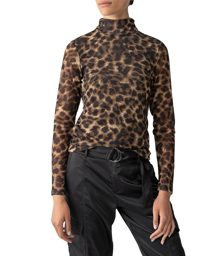 Sanctuary Leopard Print Mesh Mock Neck Long Sleeve Top