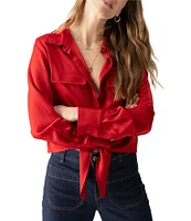 Sanctuary Lifetime Satin Button Down Collar Long Sleeve Front Tie Top