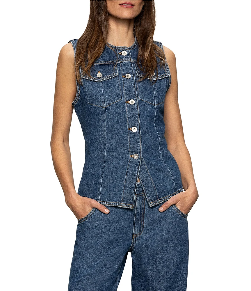 Sanctuary Maritime Crew Neck Sleeveless Button Front Fitted Coordinating Denim Vest