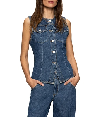 Sanctuary Maritime Crew Neck Sleeveless Button Front Fitted Coordinating Denim Vest