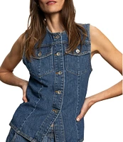 Sanctuary Maritime Crew Neck Sleeveless Button Front Fitted Coordinating Denim Vest