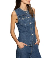 Sanctuary Maritime Crew Neck Sleeveless Button Front Fitted Coordinating Denim Vest