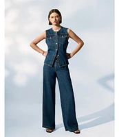 Sanctuary Maritime Crew Neck Sleeveless Button Front Fitted Coordinating Denim Vest