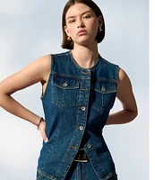 Sanctuary Maritime Crew Neck Sleeveless Button Front Fitted Coordinating Denim Vest