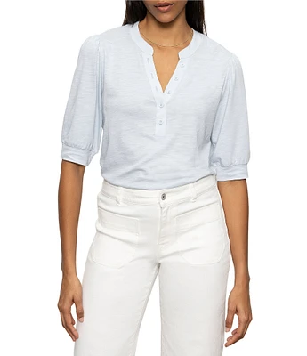 Sanctuary Mixed Media V-Neck Short Sleeve Front Button Tee