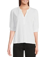 Sanctuary Mixed Media V-Neck Short Sleeve Front Button Tee