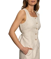 Sanctuary Outsmart Linen Blend Square Neck Sleeveless Button Front Vest