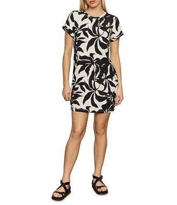 Sanctuary Perfect Tee Remix Organic Cotton Blend Leaf Print Crew Neck Short Cuff Sleeve Mini Dress