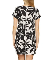 Sanctuary Perfect Tee Remix Organic Cotton Blend Leaf Print Crew Neck Short Cuff Sleeve Mini Dress