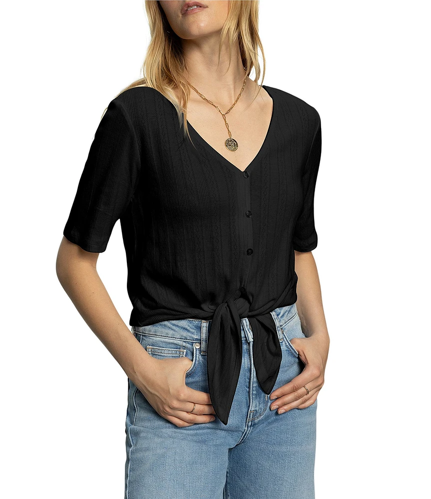 Sanctuary Pointelle V-Neck Short Sleeve Button Front Top