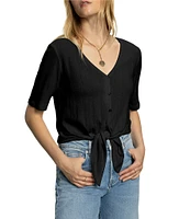 Sanctuary Pointelle V-Neck Short Sleeve Button Front Top