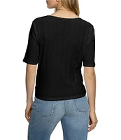 Sanctuary Pointelle V-Neck Short Sleeve Button Front Top