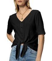 Sanctuary Pointelle V-Neck Short Sleeve Button Front Top