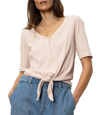 Sanctuary Pointelle V-Neck Short Sleeve Button Front Top
