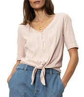 Sanctuary Pointelle V-Neck Short Sleeve Button Front Top