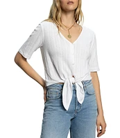 Sanctuary Pointelle V-Neck Short Sleeve Button Front Top