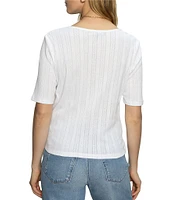 Sanctuary Pointelle V-Neck Short Sleeve Button Front Top