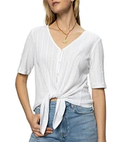 Sanctuary Pointelle V-Neck Short Sleeve Button Front Top