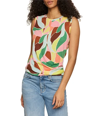 Sanctuary Printed Crew Neck Sleeveless Cotton Slub Jersey Draped Front Tank