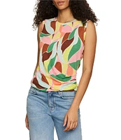 Sanctuary Printed Crew Neck Sleeveless Cotton Slub Jersey Draped Front Tank
