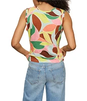 Sanctuary Printed Crew Neck Sleeveless Cotton Slub Jersey Draped Front Tank