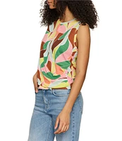 Sanctuary Printed Crew Neck Sleeveless Cotton Slub Jersey Draped Front Tank