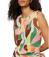 Sanctuary Printed Crew Neck Sleeveless Cotton Slub Jersey Draped Front Tank