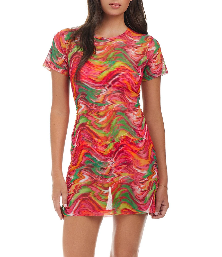 Sanctuary Reading Between The Lines Printed Mesh Crew Neck Short Sleeve Sheath Dress Swim Cover-Up