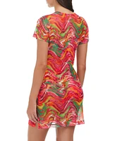 Sanctuary Reading Between The Lines Printed Mesh Crew Neck Short Sleeve Sheath Dress Swim Cover-Up