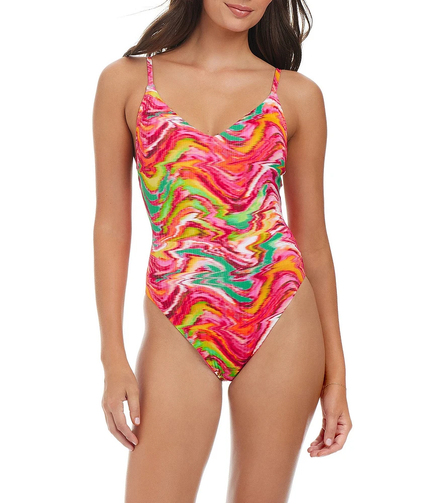 Sanctuary Reading Between The Lines Printed Scoop Neck Cross Back High Leg Tank One-Piece Swimsuit