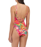 Sanctuary Reading Between The Lines Printed Scoop Neck Cross Back High Leg Tank One-Piece Swimsuit