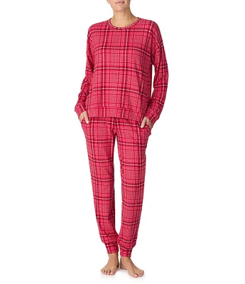 Sanctuary Red Plaid Long Sleeve Round Neck Knit Jogger Pajama Set