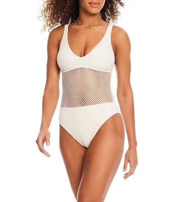 Sanctuary Sea Crochet Solid Mesh Scoop Neck High Leg One-Piece Swimsuit