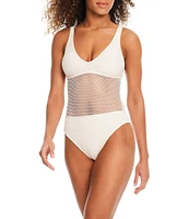 Sanctuary Sea Crochet Solid Mesh Scoop Neck High Leg One-Piece Swimsuit
