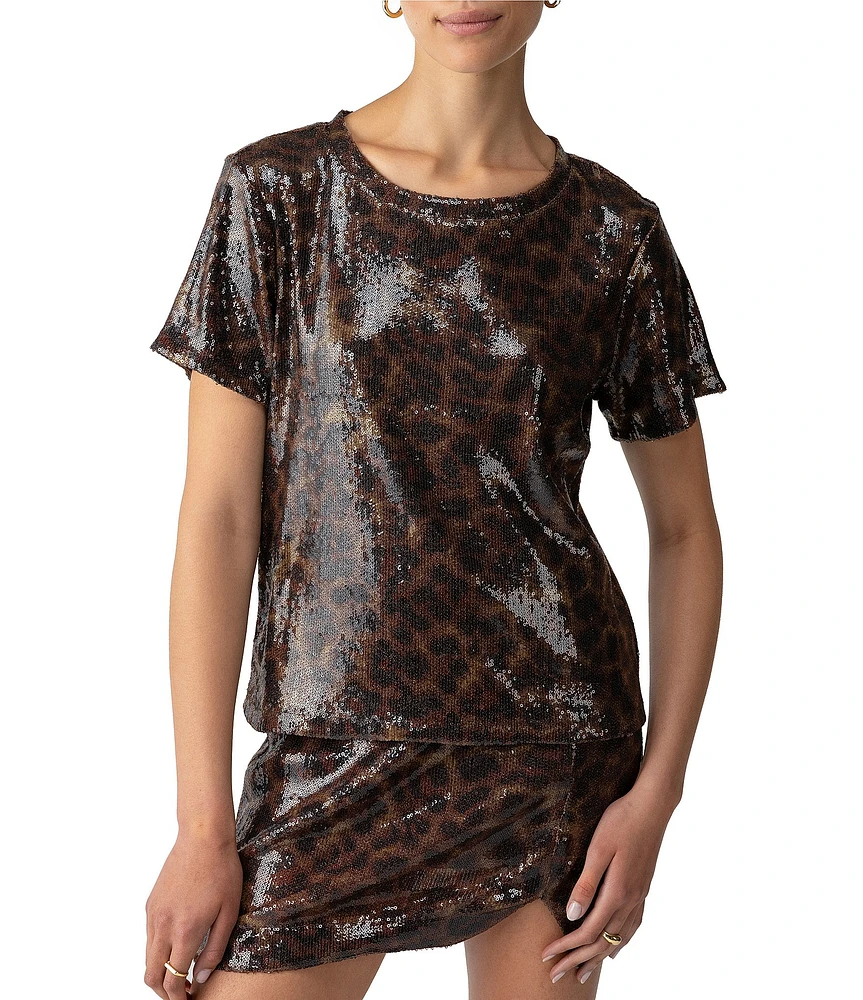 Sanctuary Sequin Leopard Print Crew Neck Short Sleeve Perfect Tee