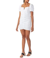 Sanctuary Split Square Neck Short Puffed Sleeve Shirred Poplin Mini Dress