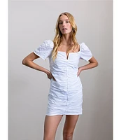 Sanctuary Split Square Neck Short Puffed Sleeve Shirred Poplin Mini Dress