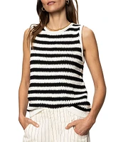 Sanctuary Stripe Print Crew Neck Sleeveless Hand Crochet Shell