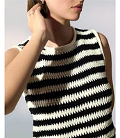 Sanctuary Stripe Print Crew Neck Sleeveless Hand Crochet Shell
