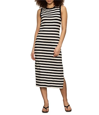 Sanctuary Stripe Print Organic Cotton Blend Crew Neck Sleeveless Contrast Trim Midi Dress