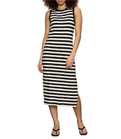 Sanctuary Stripe Print Organic Cotton Blend Crew Neck Sleeveless Contrast Trim Midi Dress