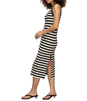 Sanctuary Stripe Print Organic Cotton Blend Crew Neck Sleeveless Contrast Trim Midi Dress