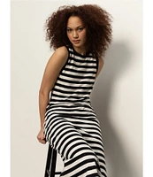 Sanctuary Stripe Print Organic Cotton Blend Crew Neck Sleeveless Contrast Trim Midi Dress