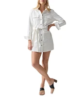 Sanctuary Tie Waist Point Collar Long Sleeve Denim Mini Dress