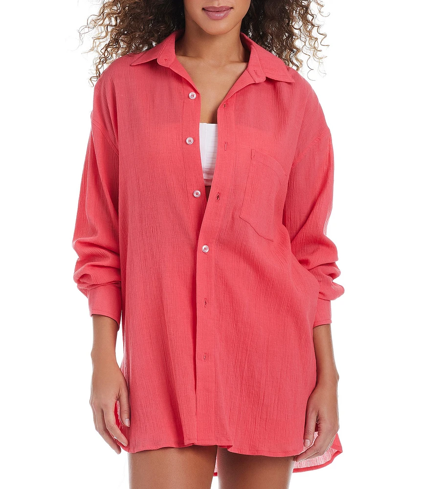 Sanctuary Venice Beach Solid Point Collar Button Front Shirt Swim Cover-Up